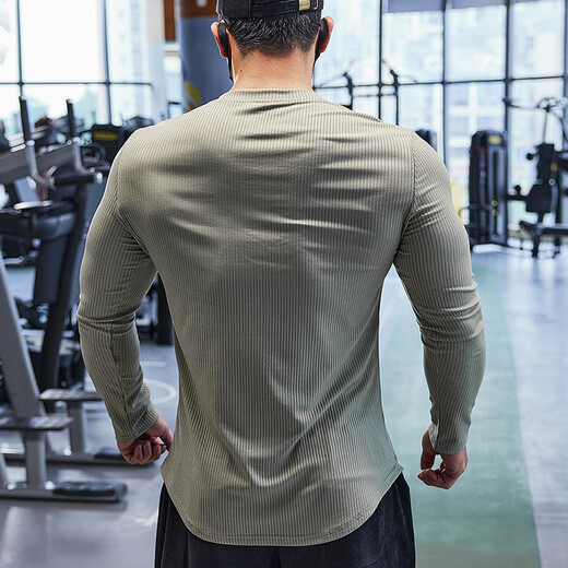 Lutielang fitness clothes men's long-sleeved sports T-shirt tights quick-drying elastic breathable training bottoming shirt autumn and winter military green L