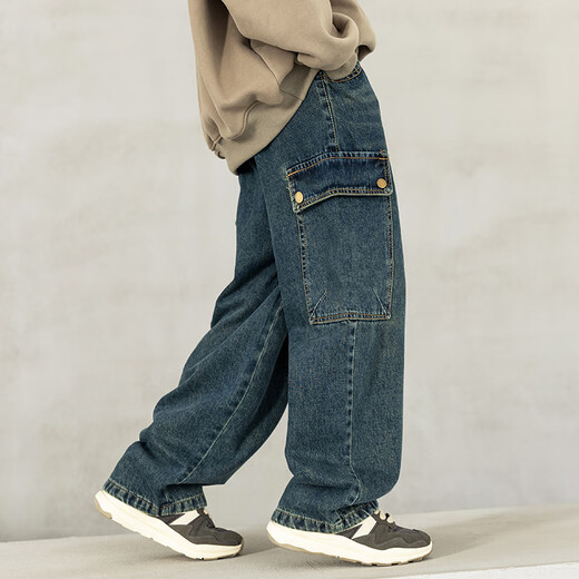 McTicco Boys Jeans de patas anchas Freing Street Street Style Handsome Spring and Autumn Workwear Big Children 2025 NUEVOS Pantalones de patas rectas para niños Traje de primavera 13077 Azul [primavera y otoño Pantalones de patas de cabeza directa] 150cm