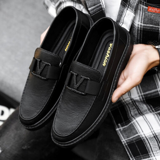 Changxiang Huili 2024 Summer Men's Men's Black Leather Cover Casual Lazy Shoes One Foot Lazy Shoes Korean Style Youth Beanie Shoes Men D829 Black 40