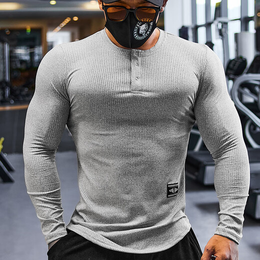 Lutielang fitness clothes men's long-sleeved sports T-shirt tights quick-drying elastic breathable training bottoming shirt autumn and winter military green L