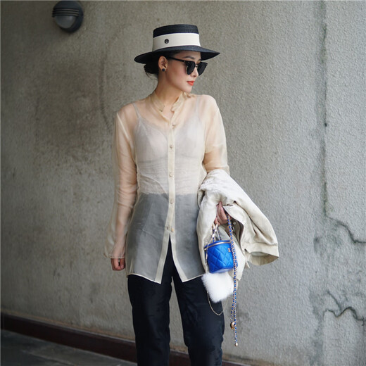 Flower Shadow Yaoyao Fayinyoo Oriental Simple et Extra Supported Silk Ougenya Shirt Femme's Simple and Volyled Color Base portant H1713 Mysterous Black M
