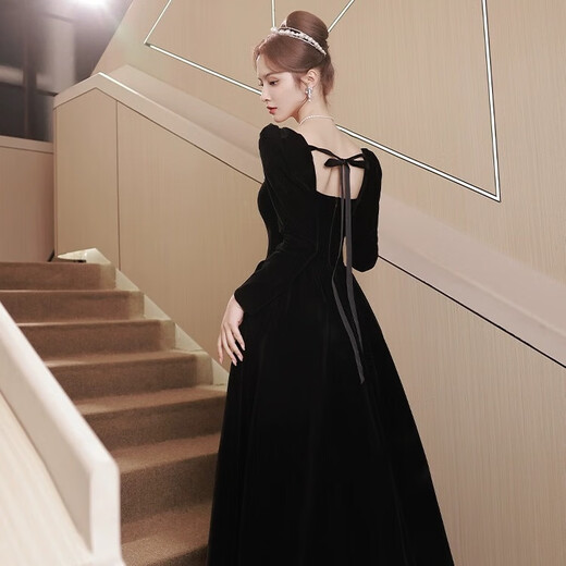 Libaixin black evening dress for women 2025 new style light luxury high-end temperament annual meeting adult ceremony velvet autumn and winter long-sleeved dress black S