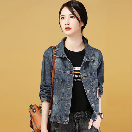 歌芸2025新款显瘦休闲百搭夹克潮春秋牛仔外套女时尚宽松复古短款上衣 蓝色后背皮牌款 S90-105斤