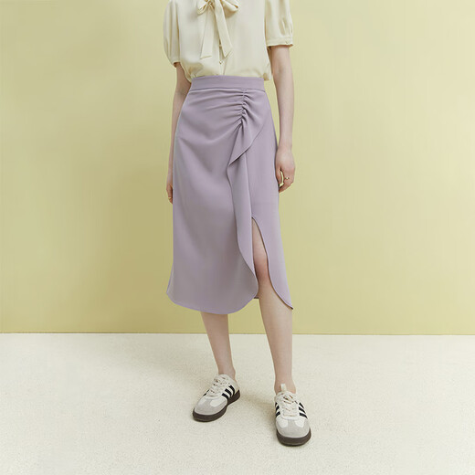 
Fan Silan 23FS12132 ruffled pleated skirt commuter solid color mid-length lower slit skirt for women light purple S