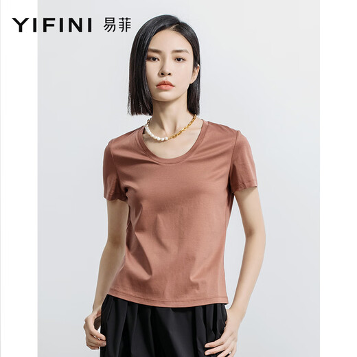 
Yifei (YIFINI) [Cool] Short loose T-shirt with silk U-neck for women's summer new thin style 2105Z983 Purple 0L