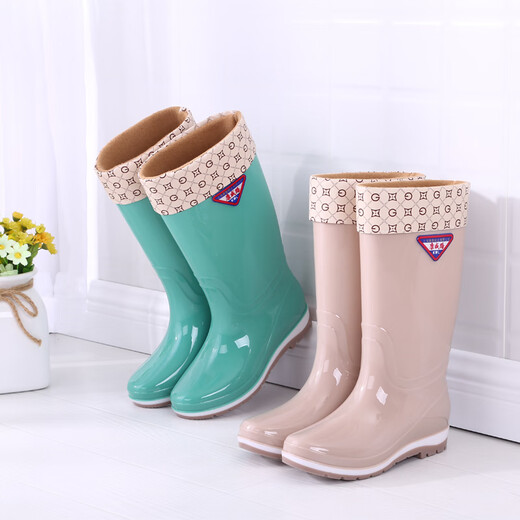 Frauen mit hohem Röhrenregen mit mittleren Röhrchen Wasserstiefeln Wasserschuhe plus Samt-Rutsch-Gummi-Schuhe überschuhten modische hochröhren-Regenstiefel Winter warm 317 High-Tube-Khaki plus Samt 37