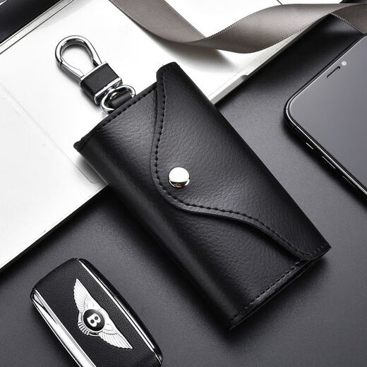 Cowhide key bag for men, large-capacity, multi-functional, universal car key chain, women's waist hanging, compact household key bag, buckle version - black - 6 key positions