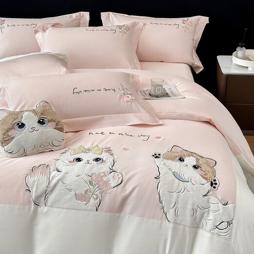 Mercury Series Class A Long Staple Cotton Four-piece Set 2025 New Cotton Cartoon Cat Embroidered Quilt Cover Pure Cotton Sheet Cute Bedding 4 Hot-Selling Type A Maternal and Infant Grade Long Staple Cotton Sweet Diary-Iceberry Pink 1.8m Sheet Style Four-piece Set Quilt Cover 200*230