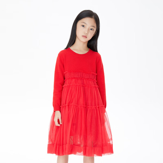 Annil (Annil) shopping mall same style girls dress gauze skirt autumn new long-sleeved princess dress AG313548 New Year red 140cm