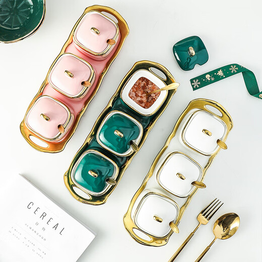 Mccarren Nordic simple light luxury ceramic seasoning jar box seasoning bottle salt MSG jar kitchen commercial household with lid set of 3 seasoning jars + emerald