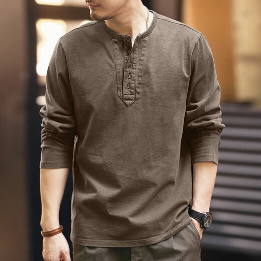 Chaotishi high-end retro long-sleeved t-shirt for men in autumn loose large size pure cotton tough guy casual Henry collar bottoming shirt top mocha brown L 130-145Jin Jin is equal to 0.5 kg