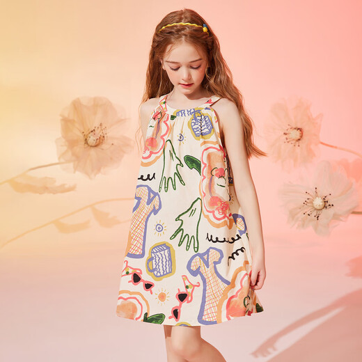 
ASK JUNIOR girls' dress summer big children's fun graffiti full print casual suspender princess dress color 140