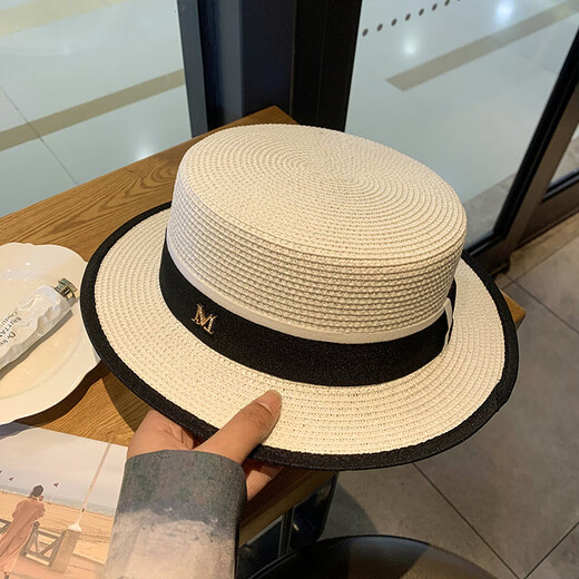 槿城编织平顶草帽女夏季海边度假遮阳防晒帽字母遮脸太阳礼帽mT825 米色 M(56-58cm)