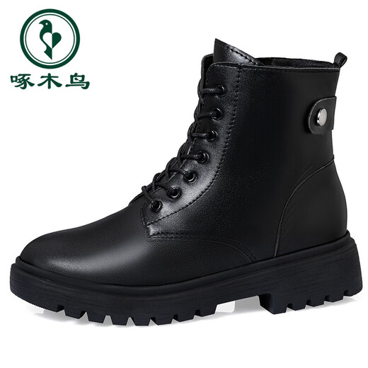 
Woodpecker leather Martin boots for women plus fleece mid-heel 2025 autumn and winter new women's shoes cotton shoes thick heel thick sole British style short boots black plus fleece 37