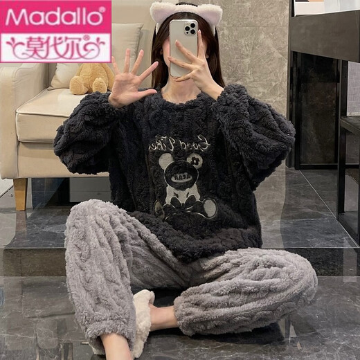 莫代尔珊瑚绒睡衣女春秋冬季加厚保暖甜美可爱法兰绒学生家居服套 3271蓝兔 XL 120-130斤