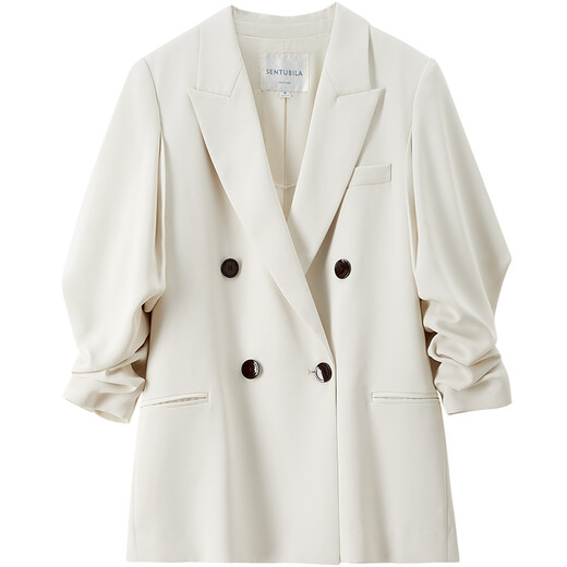 Shandubila temperament pleated three-quarter sleeves double-breasted suit jacket for women autumn new fashion casual small suit cream frost white jacket 6746 M