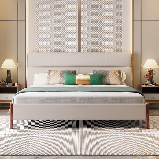 Mengmeisxuan lit wujin bois en bois massif nouveau en cuir chinois lit double lit haut de gamme lit de mariage lit 1,8 m lit jw-206 695a le matelas est doux de l'autre côté et dur de l'autre côté