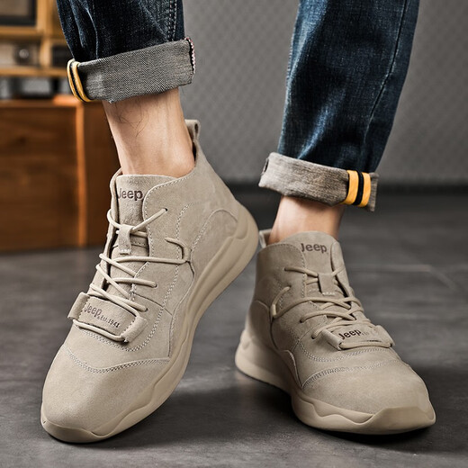 Jeep Herrenschuhe Leichte Kee-Resistante Jeep 2025 Frühlings- und Sommer-Martin Boots Herren Soft Sohle Mid-Top Flat Casual Schuhe Echte Lederschuhe Herren Sandfarbe (Empfohlen von Ladenmanager) 40