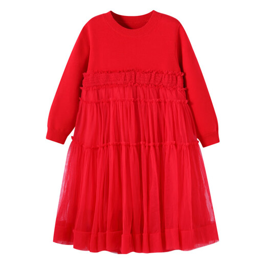 Annil (Annil) shopping mall same style girls dress gauze skirt autumn new long-sleeved princess dress AG313548 New Year red 140cm