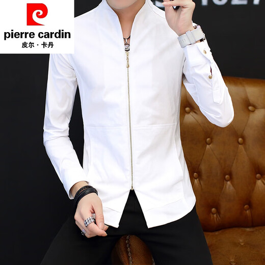 Pier Cardin men's shirt long-sleeved spring and autumn Tang suits, Chinese stand-up collar jacket, Chinese style casual shirt, men's clothing, white 9905 stand-up collar shirt, M