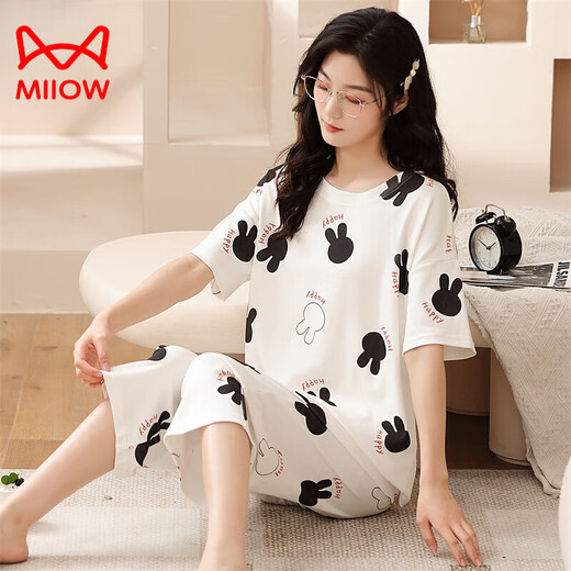 Catman (Miiow) 100 reines Baumwoll-Pyjamas für Frauen mit kurzärmeligen Kumpelhosen für Sommerliebe große dünne Frühlings- und Herbst-zweiteiligen Sommer-Kleidung mit kurzärztem Kumpel-679 M Frauen 80-100jin [Jin entspricht 0,5 kg]