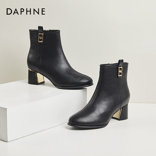 Daphne high heels women's French thick heel short boots heightening slimming leather boots for women 4622607023 black (plus velvet) 36