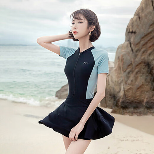 梵迪拉（F.DYRAA）泳衣女泡温泉显瘦游泳馆速干连体泳装可拆卸裙四件套12128黑色XL