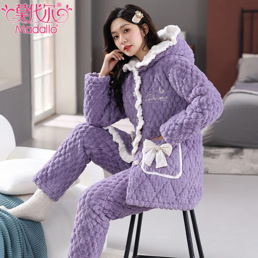 
Modal coral velvet pajamas for women in winter, three-layer cotton thickened flannel autumn and winter style warm and velvet can be worn outside home clothes 6624 Brown-thickened hooded style L (100-120Jin[Jin equals 0.5 kg])