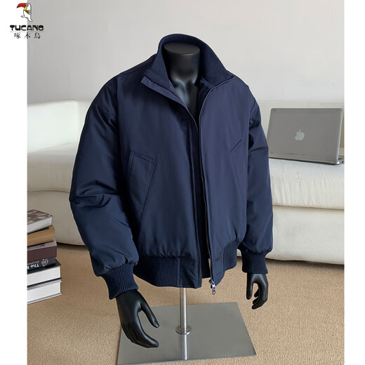 Woodpecker (TUCANO) American short stand-collar flight jacket men's winter fashion brand high street handsome baseball uniform cotton coat silhouette jacket black XL