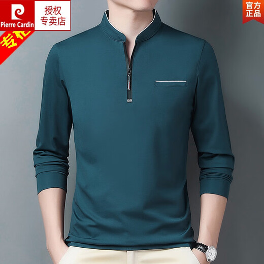 皮尔卡丹（pierre cardin）品牌长袖t恤男休闲薄款上衣2025春秋季中年男装立领打底衫潮 长*袖6623上青 薄款 M 170/建议120-140斤