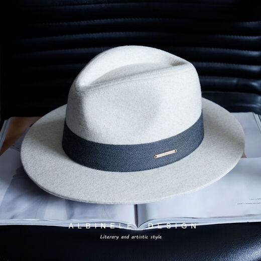 ALBINELE French new autumn and winter white wool topper hat for men and women black big head flat ridge felt hat versatile camel pure black regular code M (55-57.5cm) adjustable
