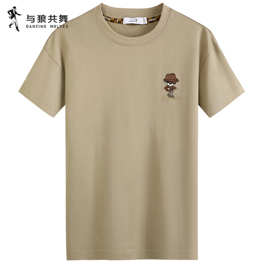 与狼共舞【重磅】圆领短袖T恤男纯棉2025夏季新款Q版人偶刺绣青年上衣6081 卡其701 2XL (185)