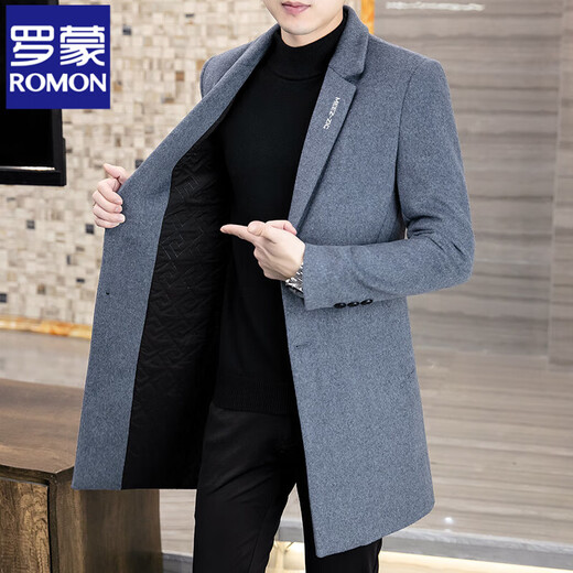 ROMON Woolen Woolen Coat Men's Slim Mid-Length Windbreaker Autumn and Winter Thickened New Woolen Men's Jacket Korean Version Black Thickened XL