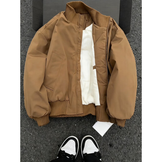 XUANSENTU Brown Stand Collar Bomber Jacket Cotton Jacket Men's Winter Maillard Workwear Cotton Jacket Short American Baseball Uniform HM25590 Brown Cotton Jacket L (Recommended 115-130 Jin Jin equals 0.5 kg)