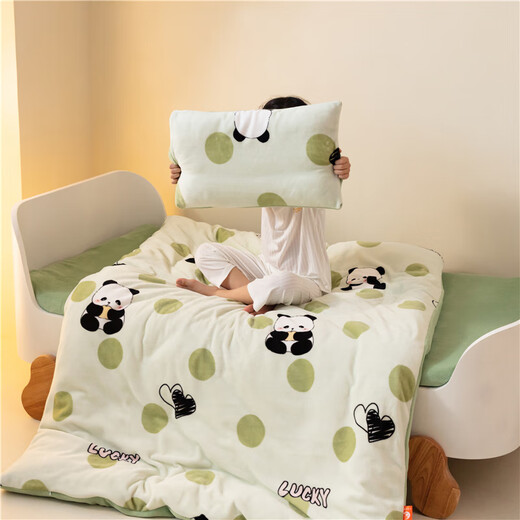 Hongdou Home Textiles Winter Milk Velvet Bed Three-piece Set Plus Velvet Warm Kindergarten Printed Quilt Cover Single Double-sided Velvet Thickened Quilt Cover Lucky Panda Thickened Plus Velvet Soft and Delicate Kindergarten Bed Sheets Three-piece Set Quilt Cover + Pillowcase + Cushion Cover