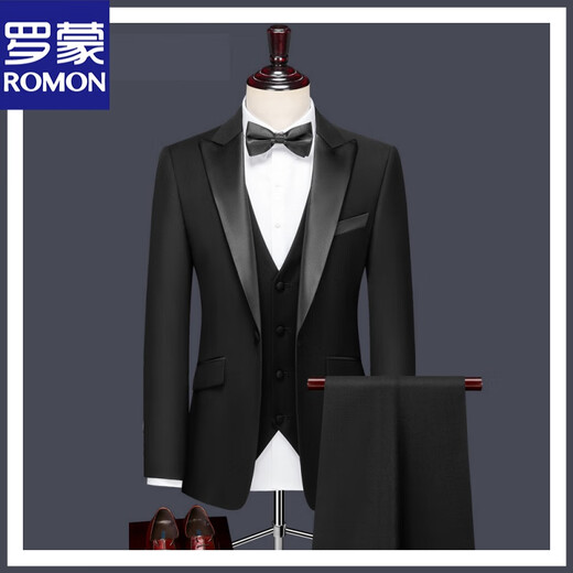 ROMON Art Exam Suit Men's Tuxedo Formal Wedding Groom Best Man Host Performance Suit Black Peaked Collar Three-piece Suit 4XL