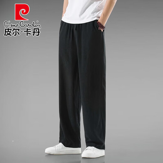 皮尔卡丹（pierre cardin）夏季中国风亚麻裤子男宽松大码休闲裤复古风透气直筒中式棉麻长裤 灰色束脚款 2XL