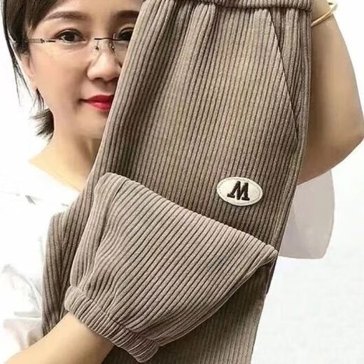 栩欧灯心绒裤高腰中年妇女穿的超细灯芯绒女士裤子中老年女装秋冬新款 9196/芥黄绿 【加绒加厚】 3XL 推荐136-155斤