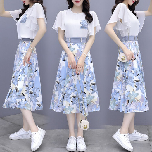 
Pure skirt summer chiffon dress 2023 summer new women's clothing temperament French slimming waist-hugging suit trend 9767 blue L