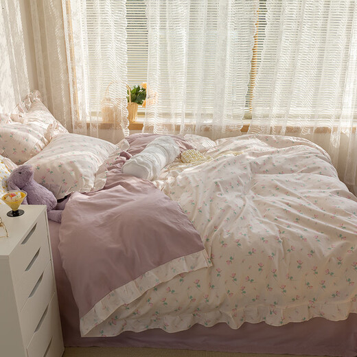 Ruiqin Korean cream small floral pure cotton princess style lace cotton student bed 1.8m bedding small pink flower ruffle bed sheet set x 1.5m four-piece set (20 quilt covers
