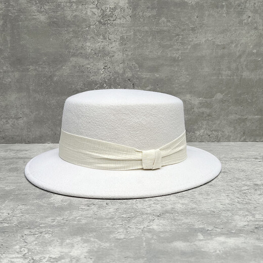 2024 Autumn and Winter New French Beige Flat Top Woolen Hat Women's Versatile Fashion British Retro Flat Brim Hat Mixed Beige Pleated Knot Patch YYK M (56-58cm)