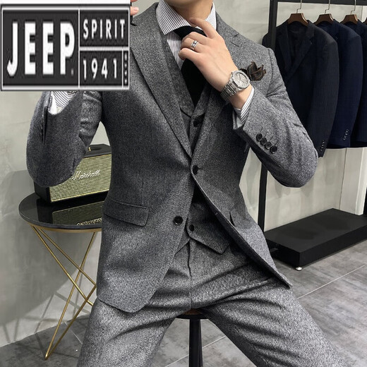 JEEP SPIRIT suit men's wool suit three-piece formal autumn and winter thickened groom's wedding dress XF2088-1 gray (suit + trousers) M