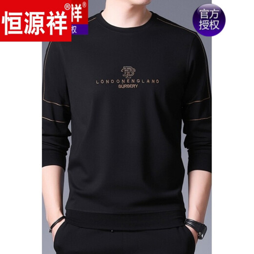 恒源祥男装 春秋款中年薄款男士长袖t恤春装卫衣秋衣上衣打底小衫 9902黑色【春秋款】 2XL 180