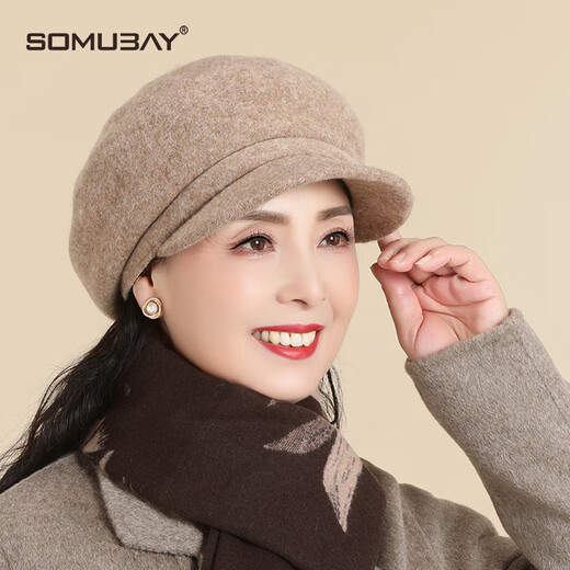 SOMUBAY (SOMUBAY) middle-aged and elderly hats for mothers, autumn and winter warm fashionable berets for grandmothers in winter wool cold-proof caps, Mocha single hat, one size fits all 56-58CM