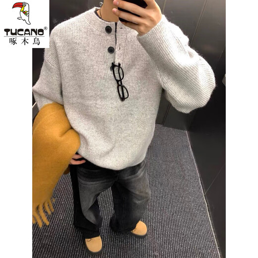 Woodpecker (TUCANO) 2025 new sweater gray American retro Henry collar sweater men's winter lazy style knitted sweater cl QCC-B111-MZ-K82 dark gray XL
