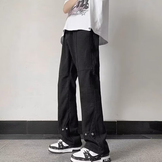 POUM scimitar micro-flared jeans men's American high street handsome zipper-breasted winter vibe straight long pants men DFFS-756 black regular L 105-120Jin Jin is equal to 0.5 kg