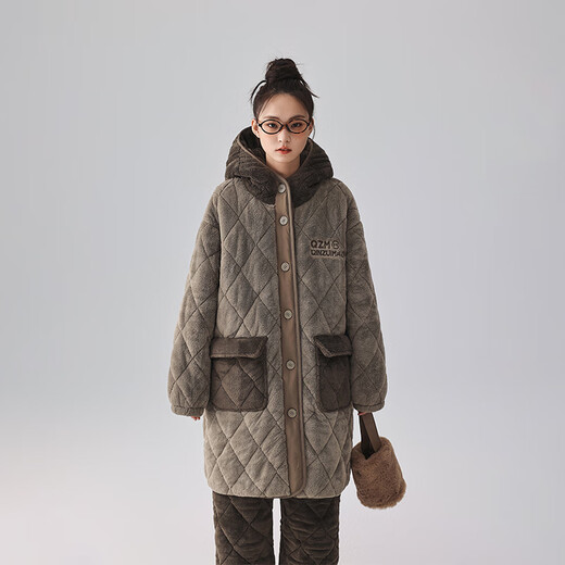 Kiss Mao warm velvet three-layer thickened couple quilted pajamas for women winter long men's suit home wear outer wear 8006 elegant gray men's XL