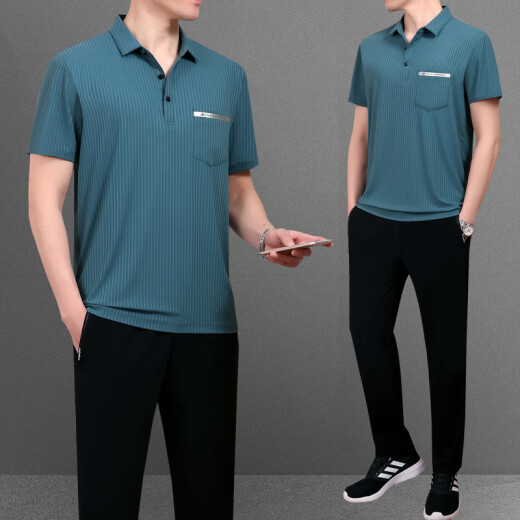 罗蒙（ROMON）冰丝t恤男士套装夏季薄款中老年休闲运动服中年短袖男父亲爸爸装 753墨绿【短袖+裤子】 2XL 【建议140-160斤左右】