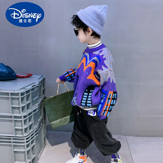 迪士尼（Disney）儿童毛衣套头秋冬男童2024新款中大童韩版潮洋气针织衫男宝宝上衣 紫色 加绒加厚 120码建议身高110-120cm5-6岁