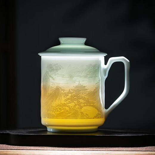 Gold inlaid jade teacher Huang Shouliang handmade Jingdezhen ceramic tea cup shadow green carved office tea cup Penglai Wonderland